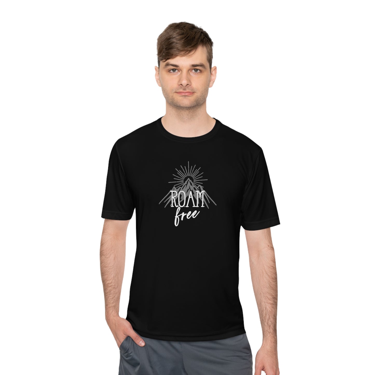 R.O.A.M free Branded Merch - Unisex Moisture Wicking Graphic Tee - ROAMfree Outdoor Apparel & Supply Co.