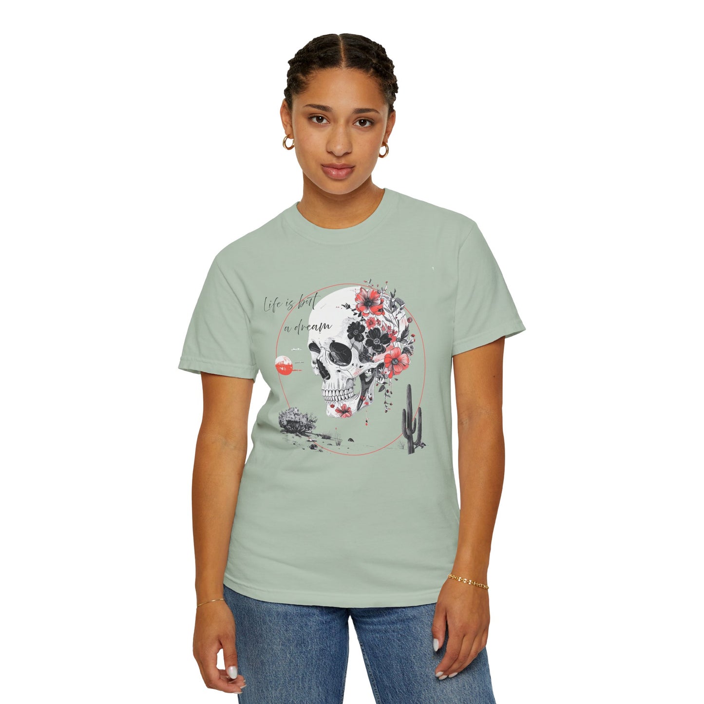 "Life is But a Dream" Skull Flower Unisex T-Shirt - Roamfree Graphic Tee, Vintage Vibe, Life is But a Dream, Bohemian Style, Perfect Gift, Casual Wear, Festival Outfit, Avenged Sevenfold Graphic Tee